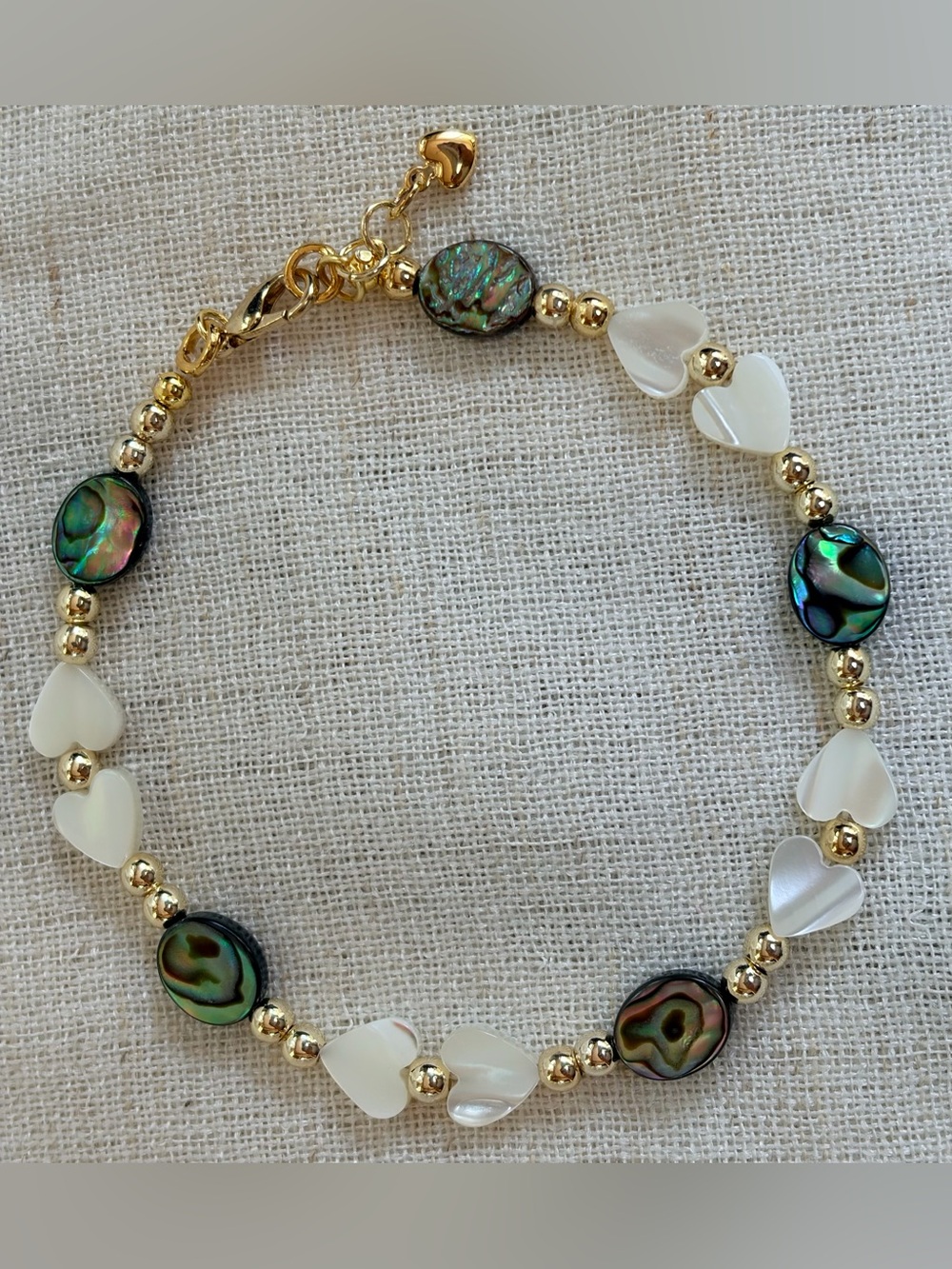 Elegant Bracelet-mother-of-pearl heart beads,iridescent abalone shell discs.8.5”